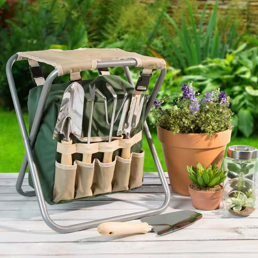 Folding Garden Stool with Tool Bag plus 5 Garden Tools