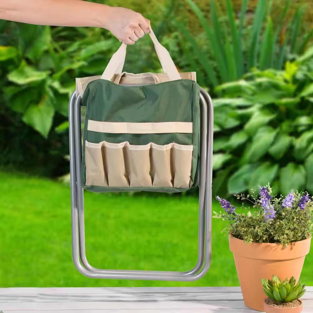 Folding Garden Stool with Tool Bag plus 5 Garden Tools